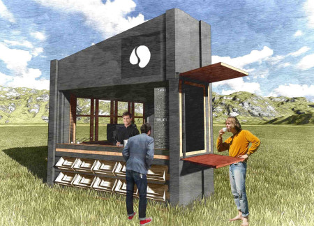 Porcelain Enamel Clad Kiosk Featuring Triangular Design for Engaging Coffee Experience