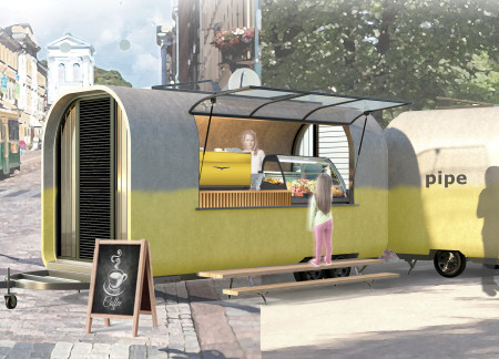 Sustainable Kiosk With GFRC Structure And Teak Elements Supporting Urban Flexibility
