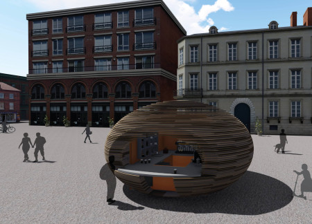 Laminated Plywood Kiosk Redefining Urban Coffee Experience With Sustainable Design