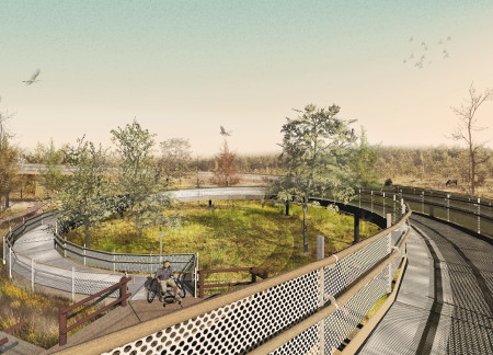 Spiral Structure Crafted From Stainless Steel and Timber Elevating Access to Wetland Views