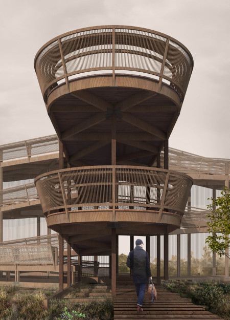Elevated Observation Paths of Treated Timber and Steel in a Natural Landscape  