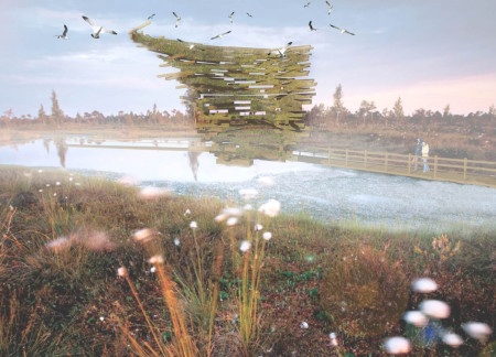 Camouflaged Observation Deck Crafted From Interlocking Timber Nesting In Marshlands  