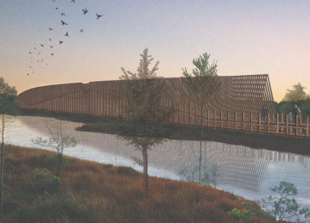 Elevated Viewing Platform Embracing Charred Wood and Natural Timber in Wetland Ecology  
