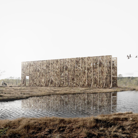Residential retreat with a moss-covered facade and cross-laminated timber construction