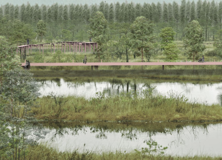 Cross-Laminated Timber Pathway Weaving Through the Latvian Landscape With Charred Wood Accents