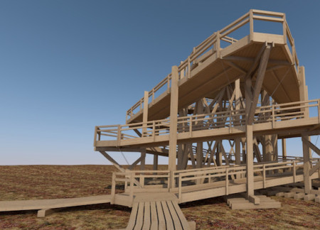 Circular Watchtower Constructed With Sustainable Larchwood and Stainless Fasteners Overlooking a Wetland Ecosystem  