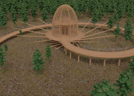 Curvilinear Structure Crafted From Charred Wooden Shingles and Cross-Laminated Timber Panels Emphasizing Natural Integration