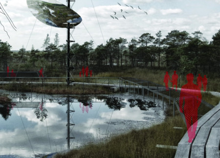 Reflective Steel Canopy Embracing Marshland Views With Transparent Walkways  