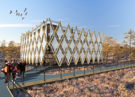 Triangular Pavilion Crafted from Laminated Wood with Accessible Pathways for Nature Education  