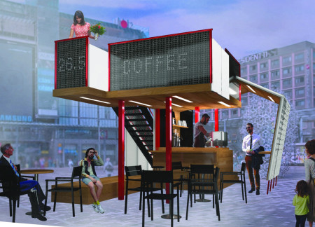 Red Steel Framework and Open-Air Structure Enhance Urban Coffee Experience  