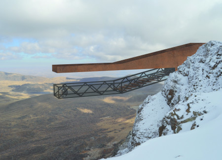 Corten Steel Pathway Enhances Geological Experience With Panoramic Views Over Volcanic Landscape