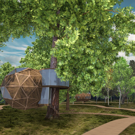 Geodesic Dome Crafted From Cross-Laminated Timber With Charred Shingle Facades Nestled in Woodland Setting