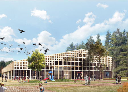 Visitor center featuring cross-laminated timber panels and charred wood shingles in a natural landscape setting