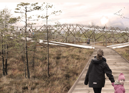 Cedar Framed Lookouts Elevated Above Wetland Ecosystem for Nature Observation