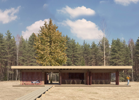 Cross-Laminated Timber Pavilion Embracing Nature with a Green Roof and Charred Shingles