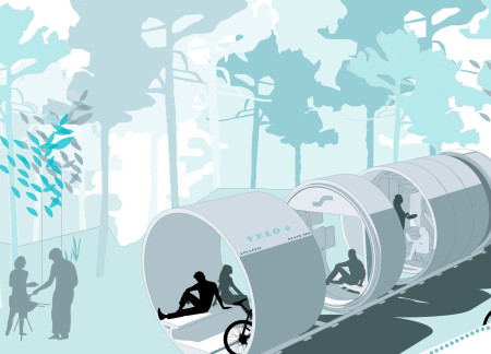 Rotatable Cylinders of Sustainable Plastic and Steel Offering Multifunctional Retreats for Cyclists  