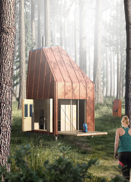 Charred Wooden Shingles and Plywood Create Harmonious Retreats in a Forest Setting