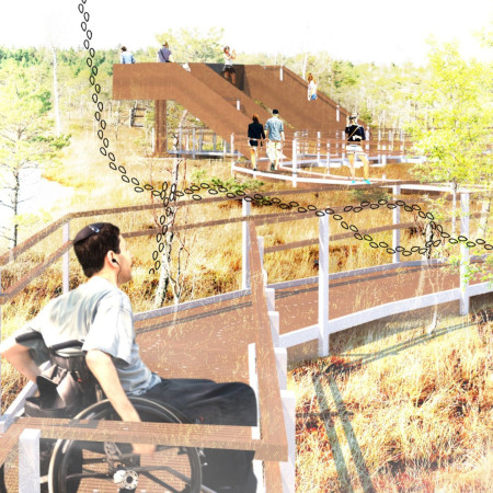 Reclaimed Wood Paths With Snowshoe-Inspired Footbridges Enhancing Accessibility In A Natural Park Environment