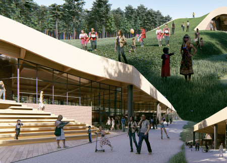 Charred Wooden Shingles and Cross-Laminated Timber Panels Elevate Community Engagement in Nature-Inspired Design  