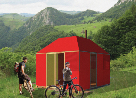 Crimson Metal Cladding With Sustainable Plywood Interiors for Cycling Rest Stops 