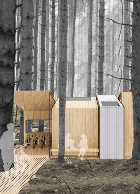 Charred Wooden Shingles and Transparent Panels Enhance a Sustainable Rest Stop for Cyclists