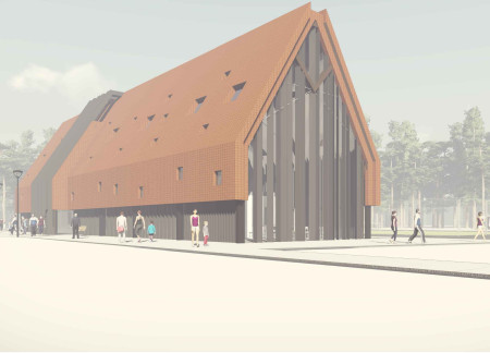 Charred Wood Shingles and Angular Rooflines in a Forest-Sensitive Community Space