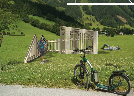 Charred Wooden Shingles and Spiral Structures in Community Bike Stops