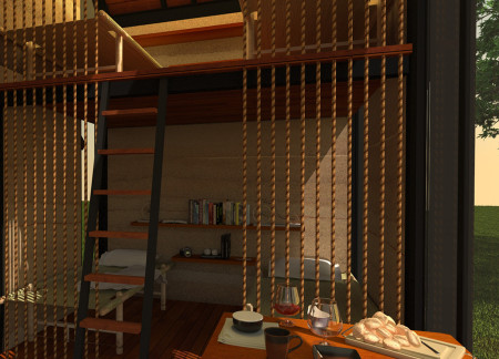 Rammed Earth Retreat Featuring Recycled Roofing and Natural Wood Elements for Outdoor Recreation