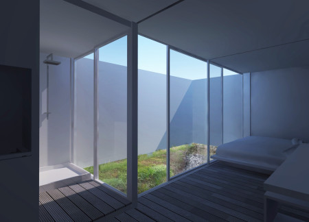 Modular Living Space Enhanced by Corrugated Metal and Plywood Insulation in a Serene Setting  