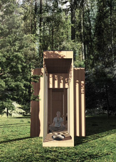 Curvilinear Structure of Sustainable Spruce and Glass Nestled Within a Tranquil Forest Retreat