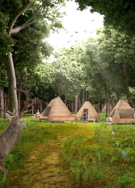 Charred Wooden Shingles and Natural Daylighting Enhance Sustainable Community Living Spaces  