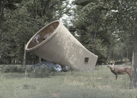 Acoustic Retreat Crafted from Laminated Veneer Lumber in a Forested Setting