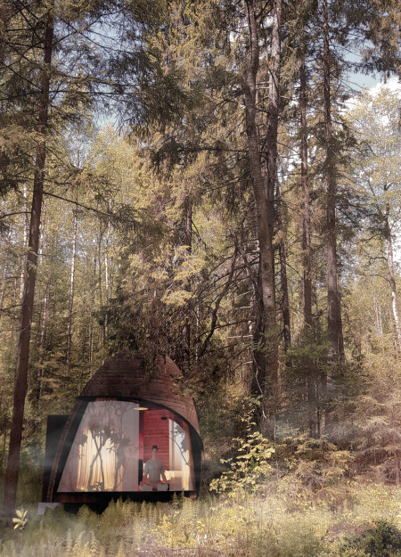 Rust Finish Brick Hearth and Reclaimed Wood Retreat Nestled in Forest Solitude