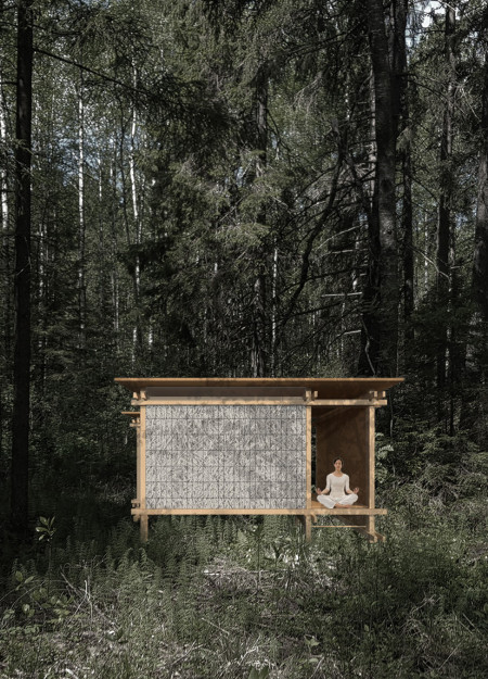 Thatch Roof Retreat Crafted From Larch and Plywood Embracing Nature's Serenity