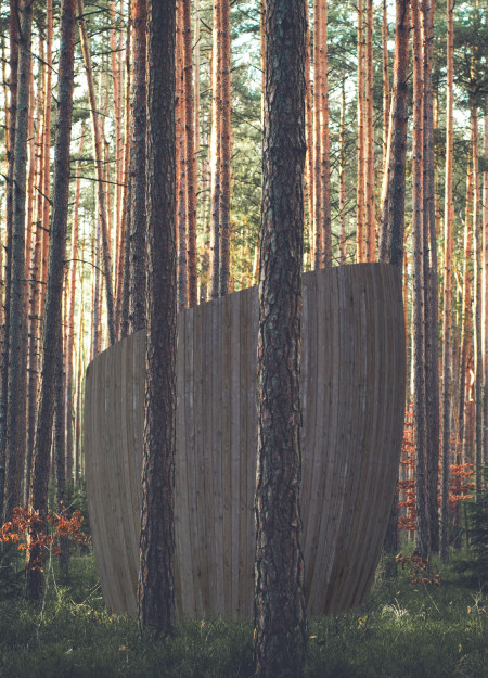 Charred Wooden Shingles and Circular Timber Frame Enhance Forest Retreat Experience