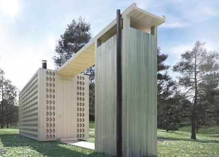 Perforated Façade of Biophilic Cabins Crafted from Local Timber in the Baltic Forest