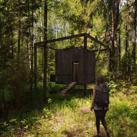 Elevated Shelter Embracing Nature with Charred Wood and Translucent Glass
