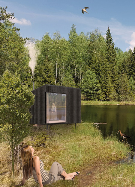Meditation Cabin Emphasizing Spruce Forest Integration with Cross-Laminated Timber Panels and Charred Wooden Shingles