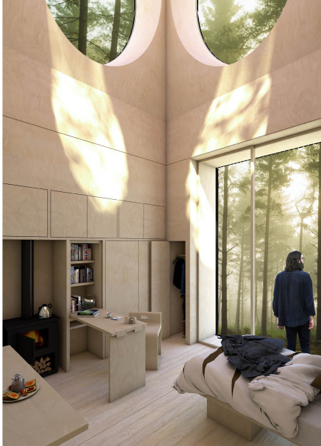 Hexagonal Plywood Retreat with Concrete Supports and Tranquil Forest Views