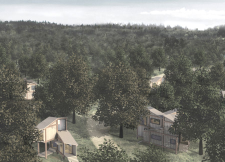 Charred Wooden Shingles and Recycled Steel Form Sustainable Meditation Cabins Embraced by Nature