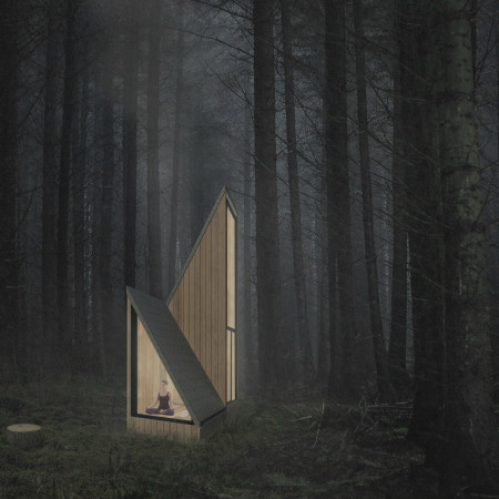 Residential retreat featuring cross-laminated timber and charred wooden shingles seamlessly integrated into a forest setting  