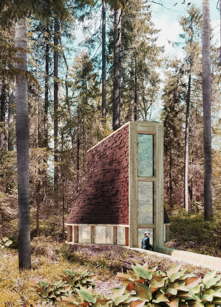 Meditation retreat utilizing glulam beams and natural stone for harmonious forest integration