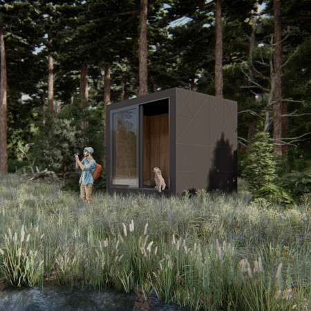 Transportable Sanctuary Constructed With Natural Wood Finishes and Expansive Glass Elements  