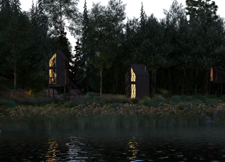 Elevated Cabins with Recycled Paper Insulation and Natural Wood Elements Supporting Sustainable Forest Retreats