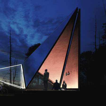 Reflective Polycarbonate Cladding and Cross-Laminated Timber Create a Sculptural Shelter for Cyclists