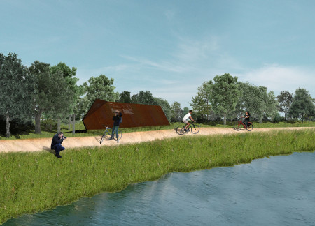 Corten Steel Walls Enveloping Eco-Friendly Rest Area for Cyclists  