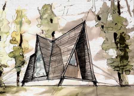 Charred Wooden Shingles and Modular Construction in a Compact A-Frame Cabin