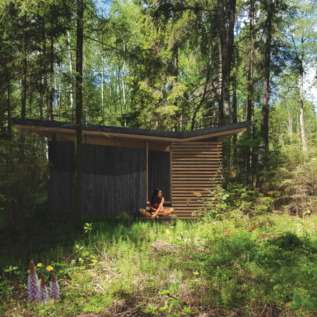Charred Wooden Shingles and Cross-Laminated Timber Panels Create Serenity in Forest Retreat