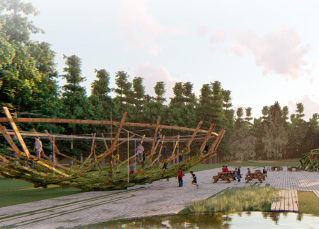 Natural Harmony Created With Charred Shingles And Timber Framework In A Community Space  