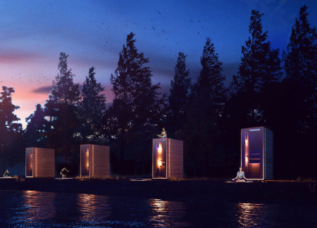 Sustainable retreat featuring cross-laminated timber panels and charred wooden shingles nestled in a forested landscape  